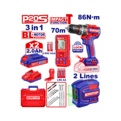 0017602_1 EMTOP COMBO DE 3 PZAS TALADRO INALAMBRICO 1/2" 86NM NIVEL Y MEDIDOR LASER CON CARGADOR Y 2 BATERIAS Y ACCESORIOS ULCOSLI251001