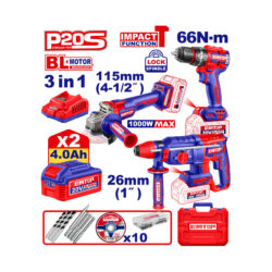 0017605_1 EMTOP COMBO INALAMBRICO DE 3 PZAS TALADRO 1/2 66NM+ESMERILADORA 4 1/2+ROTOMARTILLO 1" CON CARGADOR+BATERIA 4AH+ACCESORIOS ULOSLI241198