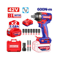 0017796_1 EMTOP LLAVE DE IMPACTO INALAMBRICA 1/2" 600NM 3300BPM CON CARGADOR Y 2 BATERIAS 42V 2.0 AH ULCIWL42602